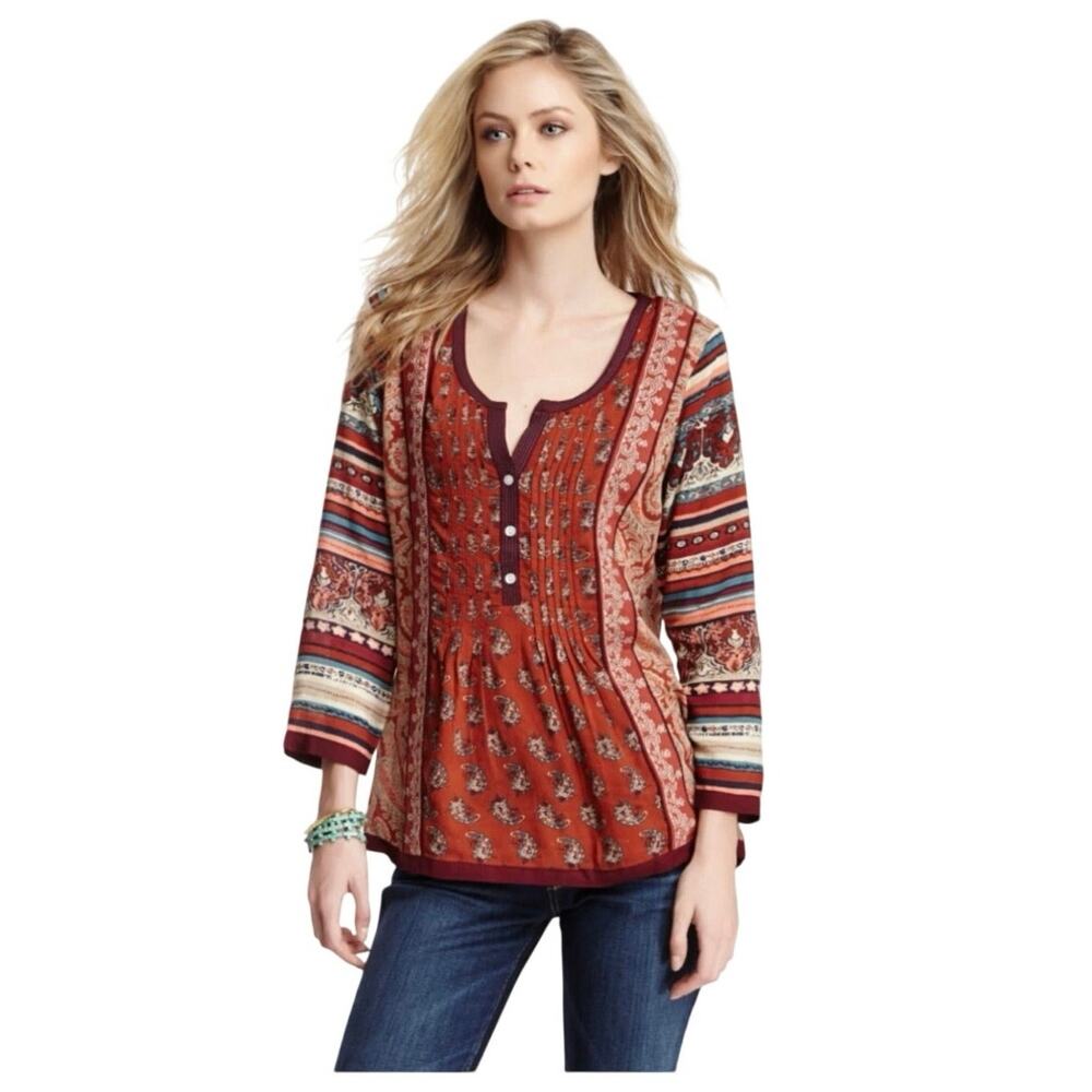 Lucky Brand Boho Mixed Print Paisley Henley Top, Women's Size Medium